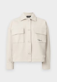 Beige wool blend jacket with button closure, two chest pockets, and embroidered logo on left pocket. Features a classic collar and long sleeves.