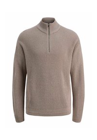 Suéter de punto marrón claro con cuello de media cremallera, textura acanalada y mangas largas. Presenta un corte relajado y un color sólido.