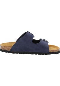 Navy blue suede sandal with cork footbed and black rubber sole. Features two adjustable straps with metallic buckles and cut-out details.