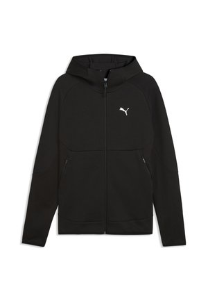 Sort lynlåshættejakke med lange ærmer, forlommer med lynlåse og en hvid Puma-logo på venstre bryst.