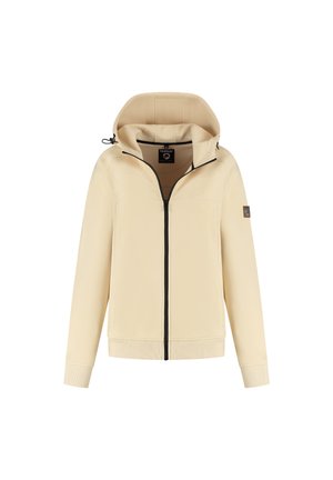 Beige hoodie met een ritssluiting aan de voorkant, zwarte rits en geribbelde manchetten. Beschikt over een klein logo op de linkermouw. Gladde textuur.