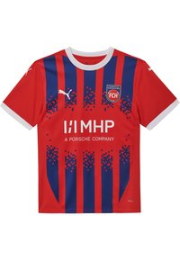 Rød og blå kortærmet fodboldtrøje med digitalt mønster, hvid krave, Puma-logo og sponsorbranding på forsiden.
