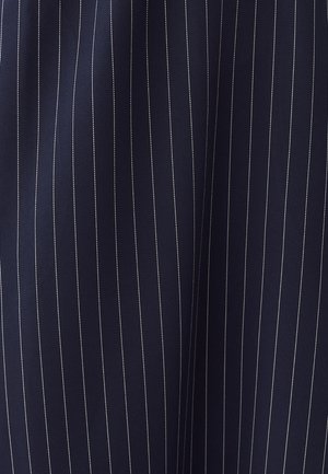 Navy fabric with white pinstripe pattern, smooth texture, tailored appearance, and a structured design suitable for formal wear.
