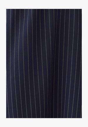 Navy fabric with white pinstripe pattern, smooth texture, tailored appearance, and a structured design suitable for formal wear.