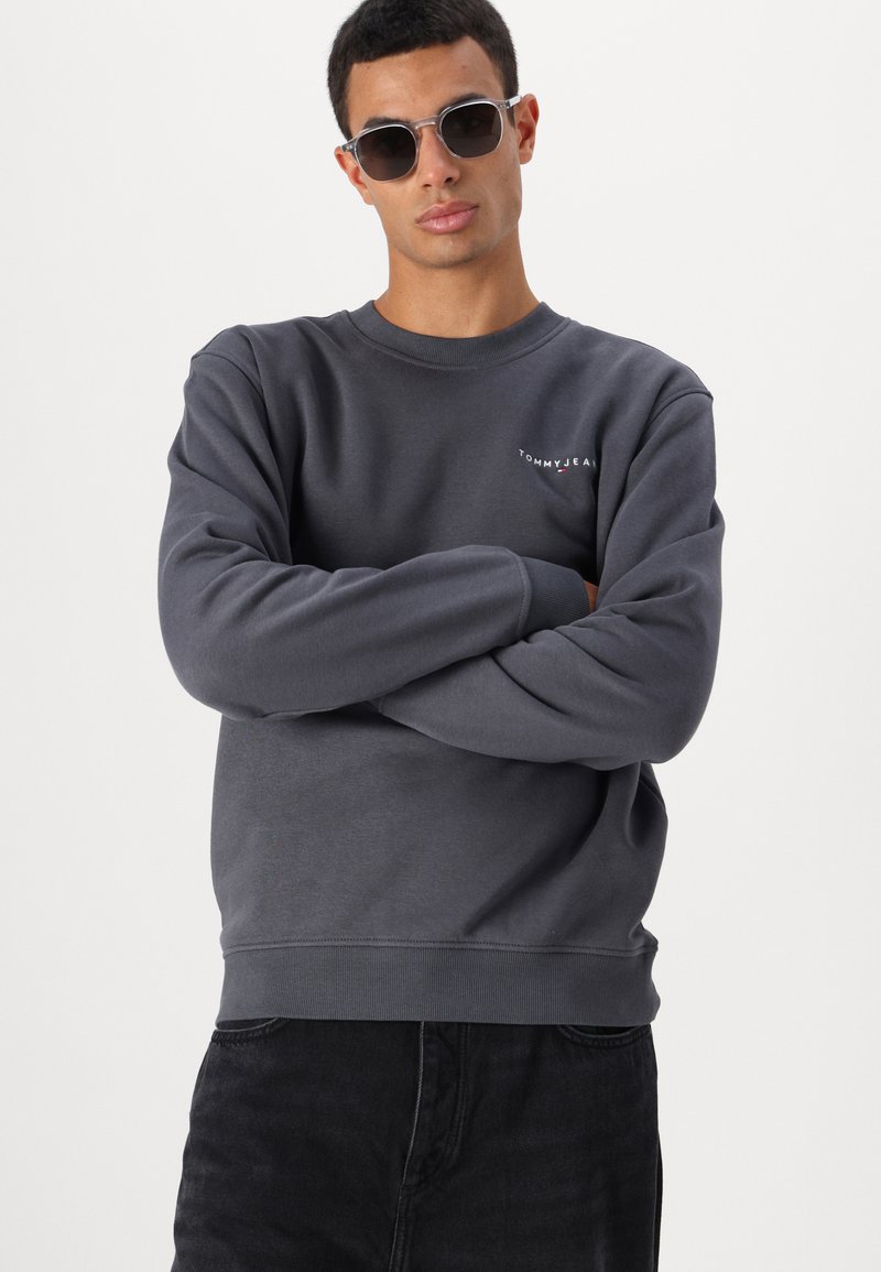 Felpa grigia scura con collo a girocotolo, polsini a coste e un piccolo logo sul petto. Abbinata a pantaloni neri e occhiali da sole.