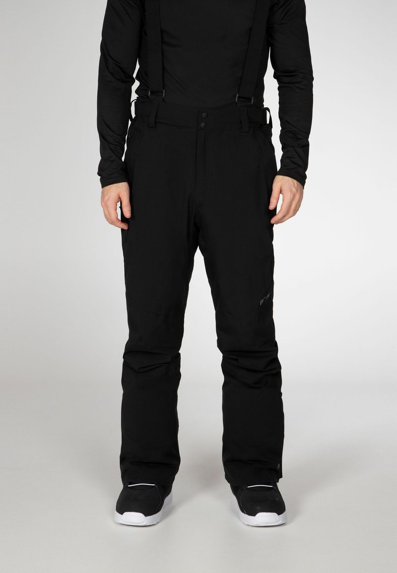 Pantaloni da neve neri impermeabili con bretelle regolabili, design a gamba affusolata, multiple tasche e aree rinforzate alle caviglie.