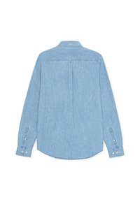 Ανοιχτό μπλε τζιν πουκάμισο με μακριά μανίκια, μυτερό γιακά, μανσέτες με κουμπιά και πιέτα στο πίσω μέρος. Ομαλή υφή και άνετη εφαρμογή.