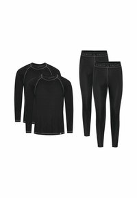 Musta tekninen alusasutrikoo, joka sisältää kaksi pitkähihnaista paitaa ja kaksi paria leggingsejä. Ominaisuuksiin kuuluu kontrastitikkaus ja joustava vyötärönauha.