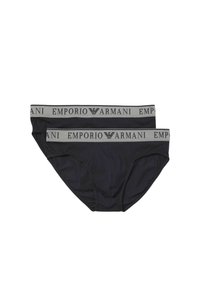 Slip neri in cotone con elastico grigio in vita con logo "Emporio Armani". Tessuto liscio, design sportivo e taglio classico. Due paia esposti.
