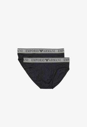 Slip neri in cotone con elastico grigio in vita con logo "Emporio Armani". Tessuto liscio, design sportivo e taglio classico. Due paia esposti.