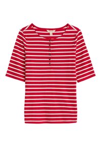 Punane ja valge triibuline T-särk, ribakujuline tekstuur, 3/4-sleeve'd, ümmargune kaelus, viie nööbiga klapp ees.