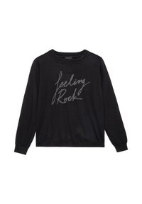 Maglione nero a maniche lunghe con collo rotondo, con la scritta "Feeling Rock" in argento sulla parte anteriore. Tessuto morbido e testurizzato.