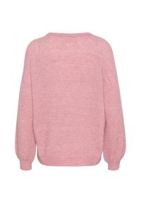 Rózsaszín, oversized kardigán, amely puha anyagból készült. Kerek nyakkal, hosszú ujjakra és bordázott mandzsetta csuklóra jellemző. Texturált felület.