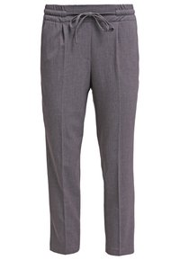 Grijze taps toelopende broek met een elastische tailleband en trekkoord. Geweven textuur, met twee zakken aan de voorkant en een strak, eenvoudig design.