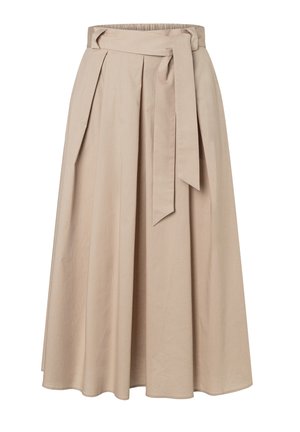 Beige midirok met hoge elastische taille, plooien en een bijpassende stoffen riem die aan de voorkant is gestrikt.