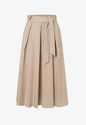 Jupe midi beige avec taille haute élastique, plis et ceinture assortie en tissu nouée à l'avant.