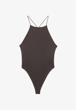 Bruine, hoge hals ééndelige zwempak met dunne, verstelbare schouderbandjes; beschikt over een hoge beenuitsnijding en een gladde textuur. Geen patronen of versieringen.
