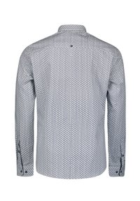 Langarmshirt mit einem geometrischen blauen und weißen Muster, Kentkragen und schwarzem Knopfdetail auf der Rückseite. Stoff aus Baumwollmischung.