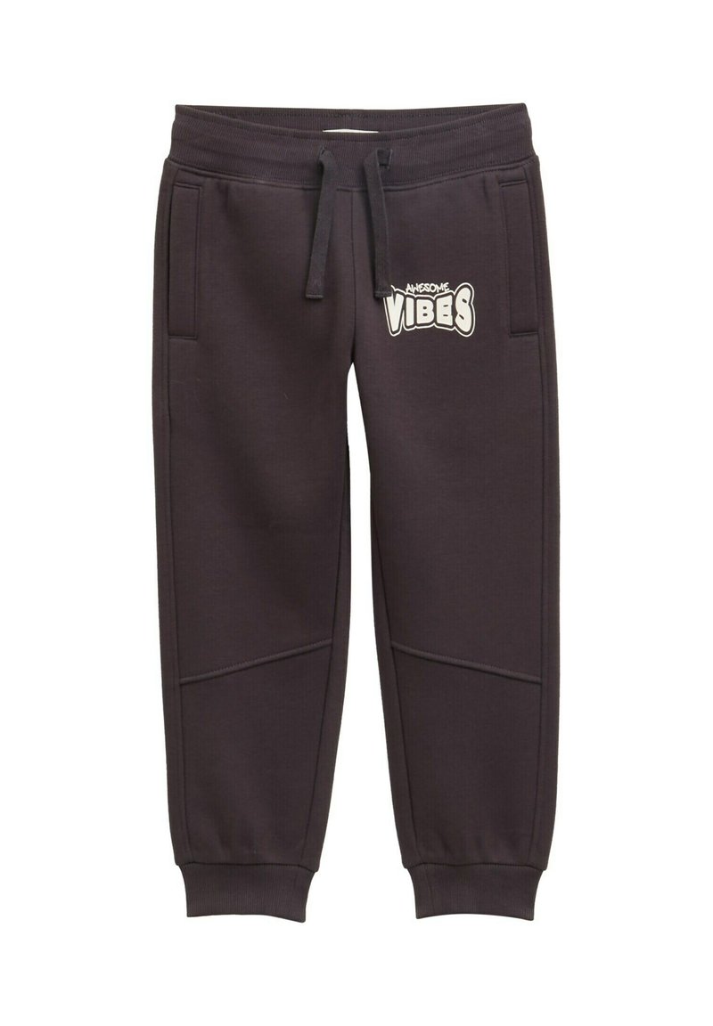 Mörkgrå sweatpants med elastiskt midjeband, dragsko och sidofickor. Har vit grafisk detalj med texten "AWESOME VIBES" på framsidan.
