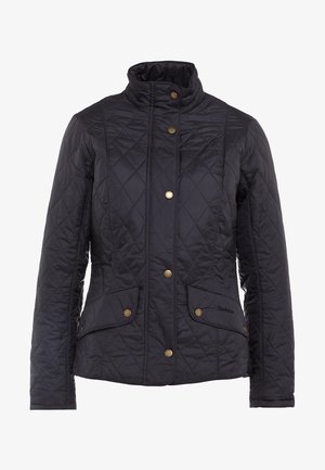 Casaco preto acolchoado com gola alta, apresentando botões de pressão dourados e dois bolsos frontais. Textura suave com costura em padrão de diamante.