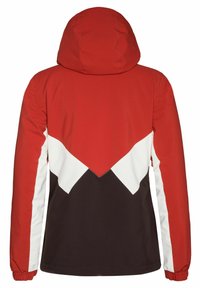 Veste à capuche rouge, blanche et noire avec un blocage géométrique des couleurs, des poignets élastiques, vue de dos sans logos ni texte visibles.
