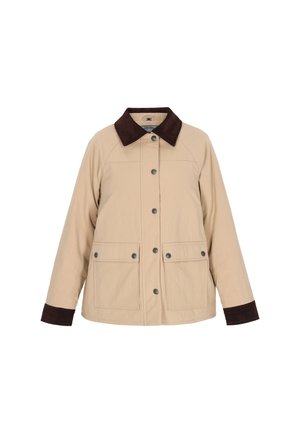 Giacca beige con colletto e polsini marrone scuro, dotata di chiusura con bottoni e due tasche frontali. Texture morbida, design casual.