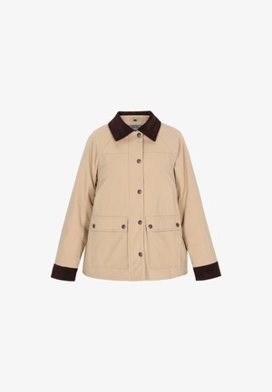 Beige jack met een donkerbruine kraag en manchetten, voorzien van een knoopsluiting en twee voorkruisjes. Zachte textuur, casual ontwerp.