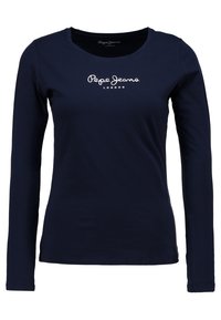 Långärmad marinblå t-shirt i bomull med rund halsringning och vitt "Pepe Jeans London"-logotyp på bröstet. Slät textur.