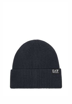 Cuffia nera a coste in maglia con risvolto e piccolo logo EA7 Emporio Armani sul davanti a destra.