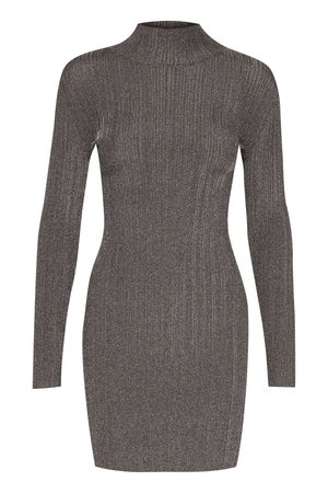 Vestido ajustado de canalé en gris oscuro con mangas largas y cuello alto, que presenta un brillo metálico y un diseño minimalista.