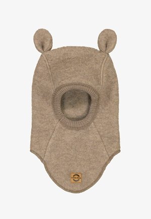 Brajna volnena zmesana balaklava s okroglo odprtino za obraz, rebrastim robom in dvema zaobljenima ušesnima poudarkoma. Ima tkaninasti logotip.