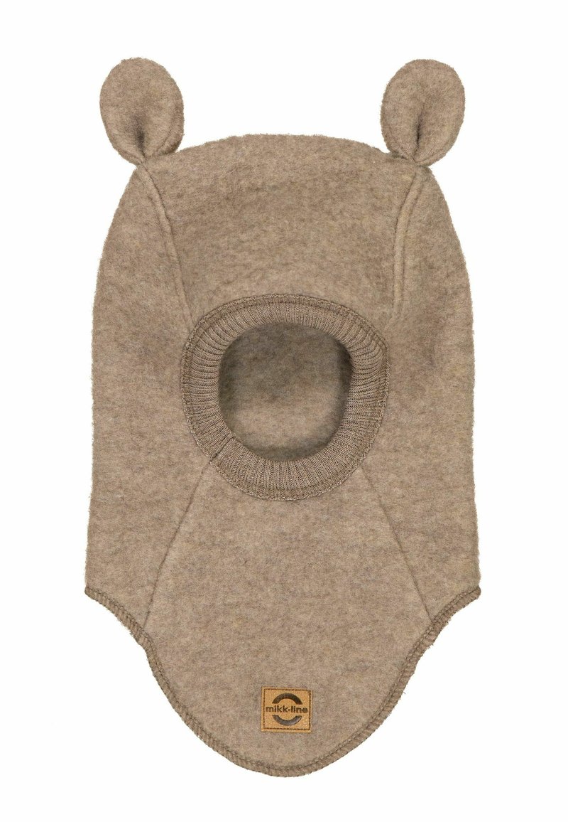 Balaclava en mélange de laine marron avec une ouverture ronde pour le visage, bord côtelé et deux accents arrondis pour les oreilles. Présente une étiquette en tissu.