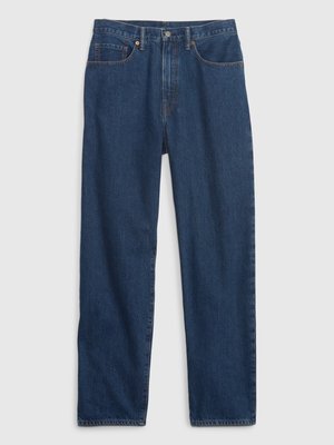 Jeans in denim blu scuro con taglio dritto, design a cinque tasche, hardware in ottone e cuciture a contrasto. Texture liscia con una leggera lucentezza.