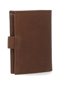 Brunt læderpung med en tekstureret overflade, foldet design og knaplukning på siden. Kompakt og minimalistisk stil.