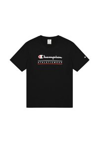 Camiseta de algodón negra con mangas cortas, presenta el logo "Champion" en blanco, una línea de acento en rojo y el texto "ATHLETICWEAR" en blanco y rojo.