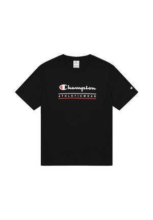 Black cotton t-shirt with short sleeves, features "Champion" logo in white, red accent line, and "ATHLETICWEAR" text in white and red.