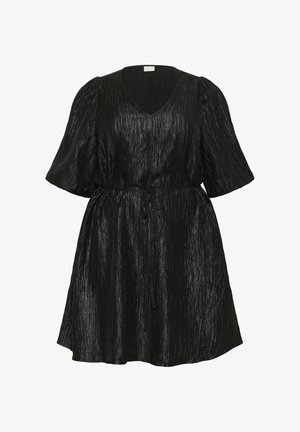 Black dress with a V-neck, short puff sleeves, elastic waistband, and a textured fabric featuring a subtle sheen and crinkled pattern.