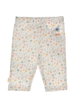 Weiße Kleinkinderhose mit buntem, kleinem Blumenmuster in Pastellfarben und einem blauen Blumenpatch mit der Aufschrift "Beauty" in der Nähe des Bunds.