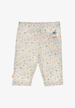 Pantaloni bianchi per bambino con piccolo motivo floreale colorato in tonalità pastello e una toppa a forma di fiore blu con la scritta "Beauty" vicino alla cintura.