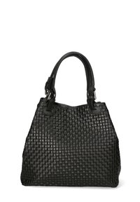 Borsa a tracolla in pelle intrecciata nera con una forma strutturata, doppi manici superiori e motivo a griglia testurizzata sulla superficie. Accenti in metallo argentato.