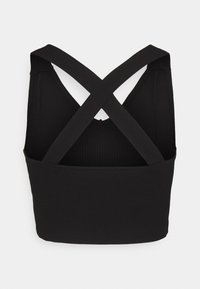 Brassière de sport noire avec de larges bretelles croisées et une texture côtelée, vue de dos sur fond blanc.