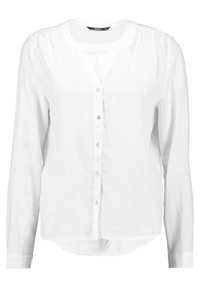 Chemise blanche à manches longues avec un col rond, une patte de boutonnage à l'avant et un ourlet droit. Le tissu semble léger et lisse, sans motifs.