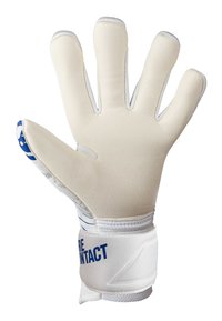 Guanto da portiere bianco con palmo testurizzato, accenti blu e cinturino al polso regolabile. Presenta cinque dita e cuciture rinforzate.