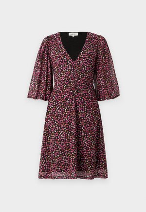 Black dress with a V-neck, short puff sleeves, and a fitted bodice. Features a colorful floral pattern in pink, orange, and white.