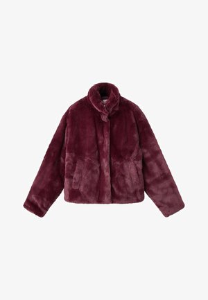 Burgundy faux fur jacket with a high collar, long sleeves, and side pockets; soft texture with a slightly shiny finish.