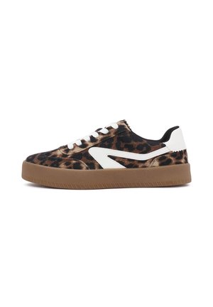 Leopard print sneakers with a soft, textured upper, white accents, and a chunky brown rubber sole. Features white laces and a black collar.