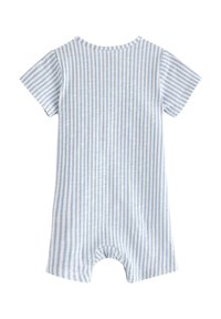 Kortærmet jumpsuit i lys blå og hvide striber. Har en rund halsudskæring og benåbninger for nem påklædning. Blødt bomuldsstof.