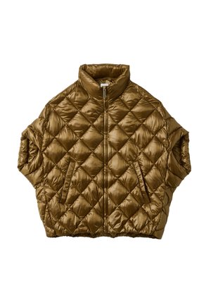 Gewatteerde, olijfgroene donsjas met een hoge kraag, korte mouwen en zijzakken. Glanzende, gladde textuur met een ritssluiting.