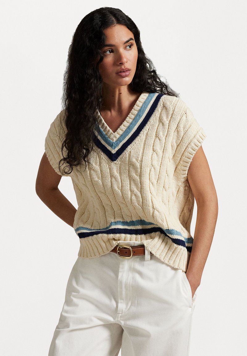 Polo Ralph Lauren - CABLE KNIT COTTON CRICKET SWEATER VEST - Jumper - cream/blue multi, Enlarge