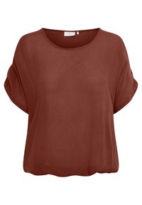 Blouse courte couleur rouille en tissu léger avec un col rond et une coupe décontractée. Texture lisse avec un drapé subtil.